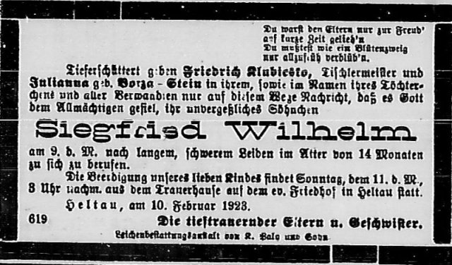 Klubitschko Siegfried 1922-1923 Todesanzeige
